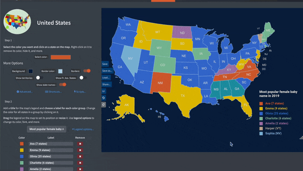 GIF showing how to use the Share button to create a shareable link for your saved map settings.